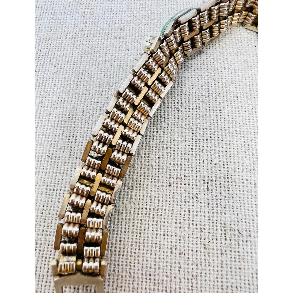 Vintage Green Art Glass Faux Pearl Link Bracelet Gold Tone Mid Century Style